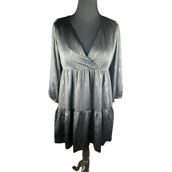 Madewell Metallic Faux-Wrap Tiered Mini Dress medium NEW black gold - Picture 1 of 6